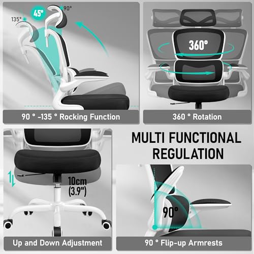 Image of BESTFAIR High Back Ergonomic Office Chair, Breathable Mesh Desk Chair with Lumbar Support, Adjustable Headrest, Flip-up Armrests, Computer Gaming Chair, (White)