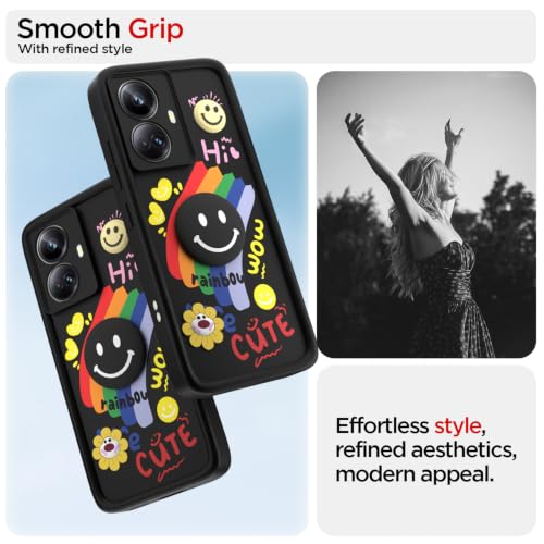 Image of Pikkme Back Cover for Realme 10 Pro Plus 5G | Soft Silicone| Cute Rainbow Smile & 3D Cartoon Flower Design | Shockproof Raised Camera Protection Bumper Case (Black)