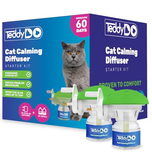 TeddyDo Cat Calming Diffuser Plug-In (UK Type G) Pheromone Diffuser for Cats | 2 Diffusers + 2x48ml Refills | 60-Day Double Pack | Helps Reduce Scratching Spraying & Anxiety | Safe Stress Relief