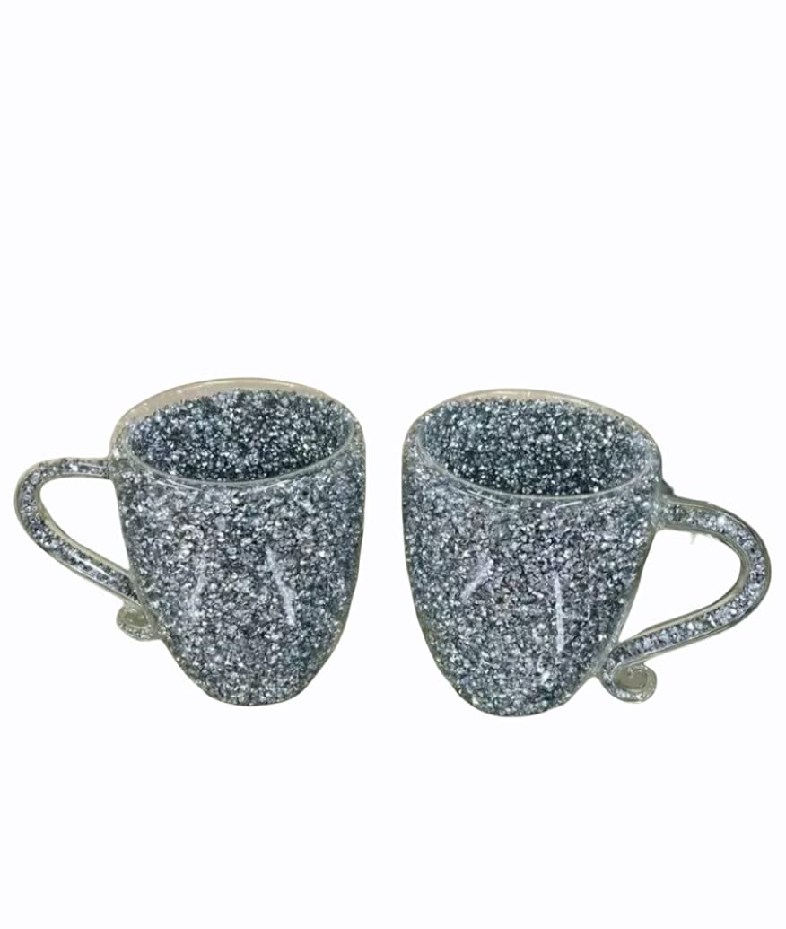 Glamified , Glam Silver Glamified Crushed Diamond Crystal Filled Mugs Set Of 2 Kitchen Tea Coffee Cups