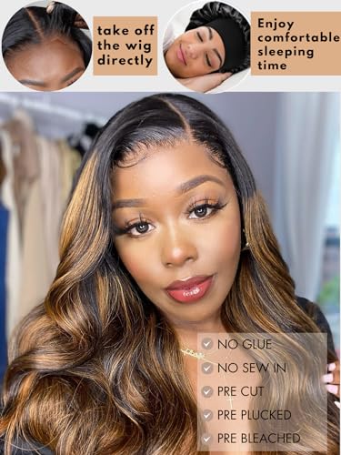 Image of Beauty Forever 7x5 Bye Bye Knots 2.0 Balayage Brown Highlight 3D Body Wave Lace Front Wig Put on and Go Glueless Drawstring Wigs with Pre-Bleached Pre Plucked Pre Cut HD Lace Wig 150% Density 18 Inch