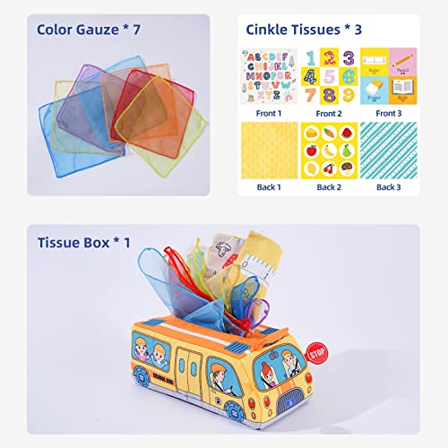 Jollybaby Baby Tissue Box Toy, Baby Sensory Toys Musical Toys Montessori Toys Crinkle Toys Colorful Soft Scarf Box For 6 9 12 Months Toddlers Infants Newborns Gift(School Bus) #TOP4