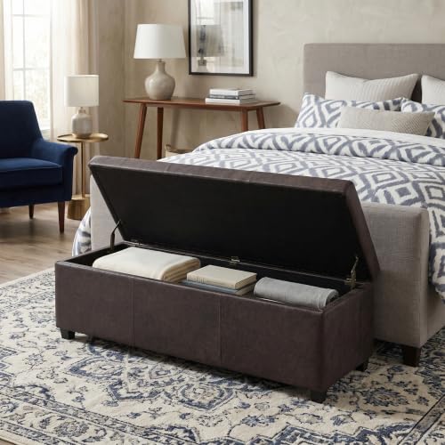 Image of SIMPLIHOME Avalon 54 inch Wide Vegan Leather Storage Ottoman in Brown