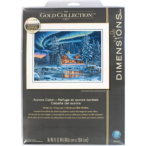 Image of Dimensions Gold Collection Counted Cross Stitch Kit, Aurora Cabin, 16 Count Dove Grey Aida, 16'' x 12''