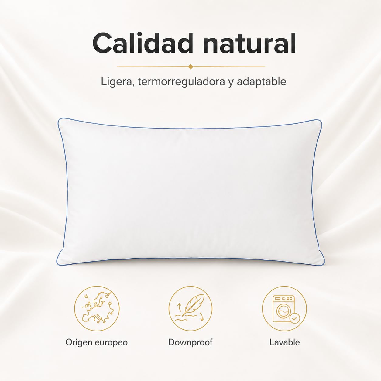 Moshy Almohada Palma de Plumón Natural, 96% Duvet Premium Europeo, Firmeza Blanda, Altura Baja (150 cm)