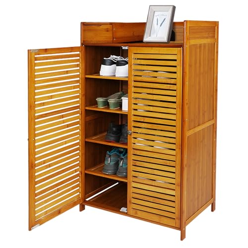 Image of Naayaab Craft Bamboo Shoe Cabinet with Doors, 7-Tier Freestanding Shoe Storage Rack for Hallway, Entryway, Living Room & Office, Brown (62 x 31 x 114 cm)