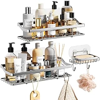 HapiRm Shower Storage Shower Caddy No Drill with Soap Holder Shower 3 Pack, Shower Tidy Rust Free Shower Caddy with Hooks, Self Adhesive Bathroom Shelf for Shower Bottles, Razors, Soap and Bath Sponge