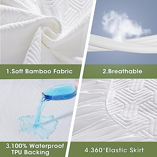 HYLEORY Full Size Waterproof Mattress Protector Viscose Made from Bamboo Cooling Mattress Pad Cover Breathable Soft 3D Air Fabric Noiseless Washable Fitted Sheet with Deep Pocket Up to 21\" - Thumbnail 4