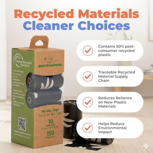 Image of Best Pet Supplies Poop Bags for Dogs, 50% Post-Consumer Recycled Content dog waste bags on rolls, fits all poop bag holders for leashes - Black, 150 Count, Unscented