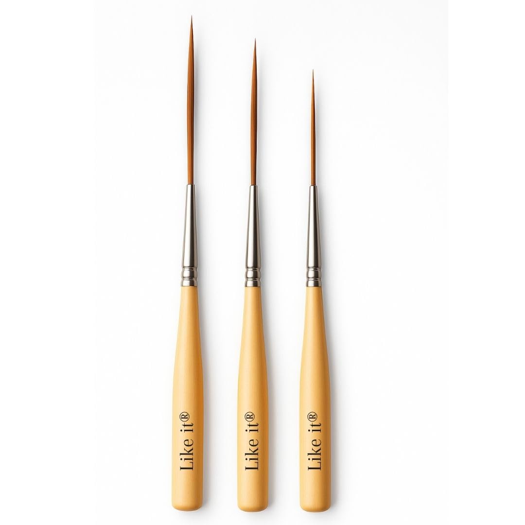 Like it Long Liner Fine Detail Paint Brush Set 3 Pcs Ultra Long Round Hair Hook Short Handle for Filling Corners, Marking, Outlining, Creating Edge Borders - Watercolor Acrylic Oil Szie 0,1,2 (Brown)-image-2