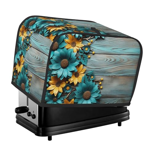 AYCZN 2 Slice Toaster Cover Sunflower Teal Bread Dust Cover Vintage Wooden Board Small Appliance Toaster Covers with Pockets Fingerprint Protection Kitchen Decor