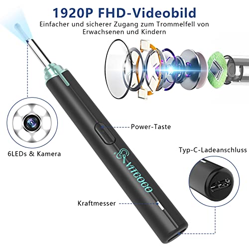 Ohrenschmalz Entferner Otoskop, VITCOCO 1920P Ohrenreiniger, IP67 Wasserdicht Ohrreiniger, Wifi Otoskop Kamera mit 6 LEDs für iPhone, iPad und Android-Smartphones, Schwarz