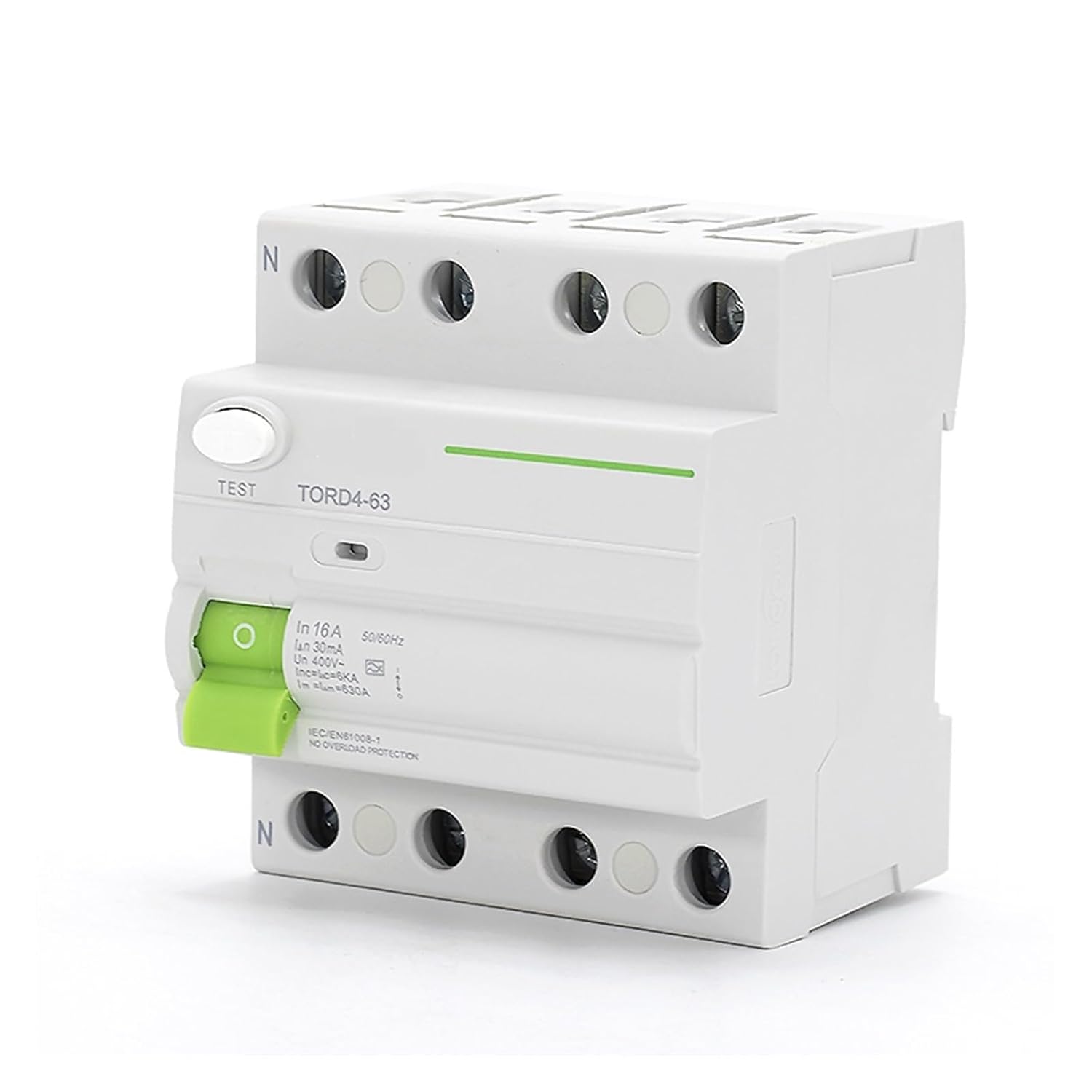 Side view of the SOBOUR 4-pole RCCB showing DIN rail clip
