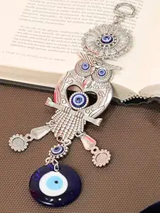 Tied Ribbons Decorative Blue Evil Eye Owl Wall Hanging For Home Entrance Door Car Dashboard Office Hall Nazar Battu Pendant Ornament Good Luck And Prosperity Decoration Gift Items (10 Cm) - Metal