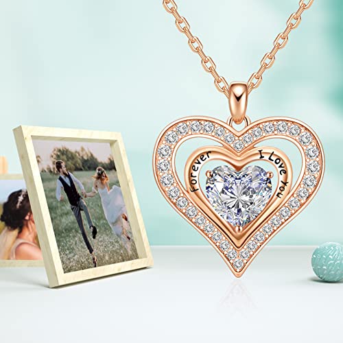 Jffg Mother’s Day Gift，Forever Love Heart Pendant Necklaces For Women,14K Rose Gold Plated W/5A Cubic Zirconia,Birthday Mother’s Day Anniversary Jewelry Gift For Women Wife Mom Girlfriend Girls #TOP3