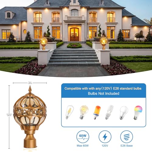 Globe Outdoor Post Light for Lawn Porch Garden Pathway Patio, Brass Waterproof Pier Mount Lamp Post Light Fixtures, Aluminum Post Lantern, Sphere Post Pole Light(1 Pack)
