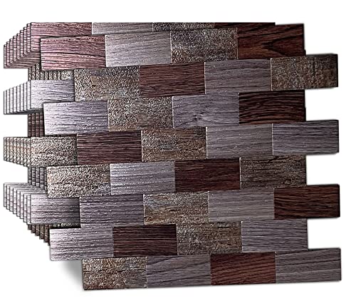 YMMXGE 10-Sheet Peel and Stick Backsplash Tile for Home Decor, Self Adhesive Subway Sticker Aluminum 3D Wall Stick on Kitchen,Bathroom,Fireplace,Laundry Table (10, Wood Texture 5)