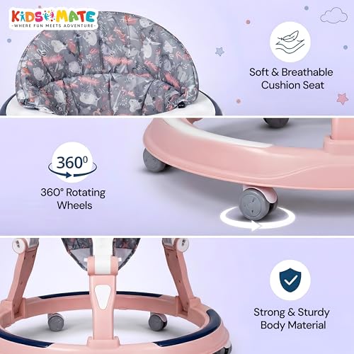 Image of Kidsmate Kiddo Baby Walker for Babies of Ages 6-24 Months | 3 Level Height Adjustable Baby Walkers, Seat Adjustment, 360 Rotating Wheels | Foldable Design & Soft Breathable Cushion Seat - Soft Pink