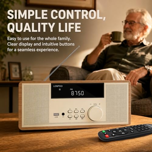 Image of LONPOO Retro Stereo System with CD Player for Home Speaker 30w Bluetooth | AUX-in,USB Playback,Earphones Output DSP-Tech,Classic Wooden Style,Remote Control
