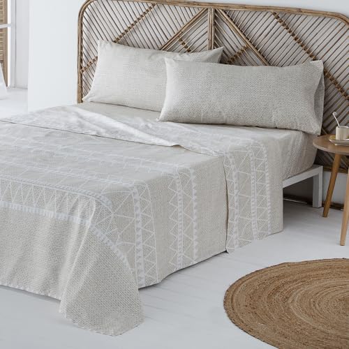 COTTON ARTean Juego de sábanas 150x190/200 microfibra cepillada NAVIA beige 4 piezas: Encimera, 2 Fundas Almohada, Bajera Ajustable