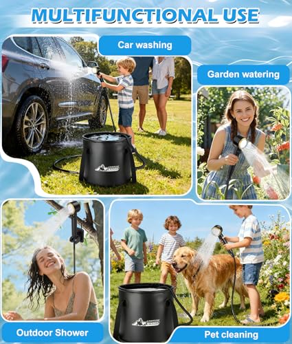 Ducha portátil 2026 mejorada para camping, bomba recargable 8000mAh con cubeta plegable de 5 gal, 5 modos de presión, IPX8 resistente al agua, ducha exterior para senderismo, viaje, coche, mascotas y playa miniatura 5