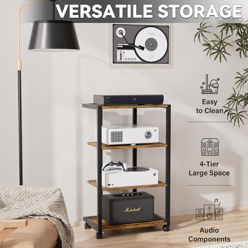 Aquzee AV Media Stand with Wheels, 4-Tier Game Console Shelf, Rolling Media Cart for Small Space, Stereo Racks and Stands, Ideal for Record Player, Game Console, DVD Player, and Projector, Wood - Image 5