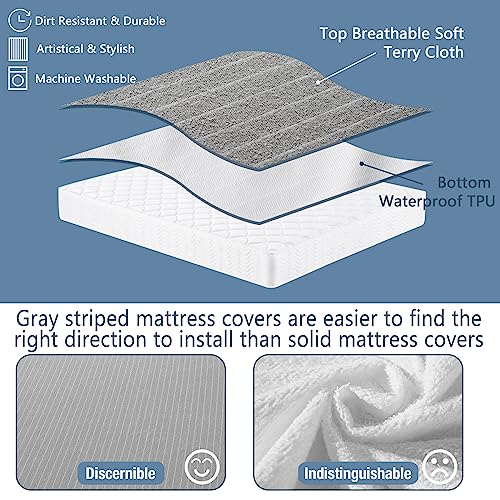 Bedecor Twin Size Mattress Protector Waterproof Mattress Cover 39"×75",Stripe Mattress Sheet Stylish Soft,Deep Pockets To 18 Inch Grey thumb #1
