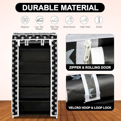 Image of Zest 4 Toyz Star Printed Shoe Rack with 6 Shelfs Zip Cover and Side Pocket Multipurpose Racks Shoe Organizer Cum Book Organizer Non Woven Fabric (Black)