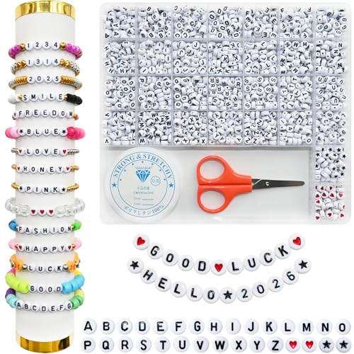 Image of Amaney 1500 Pieces 4x7mm White Round Acrylic Alphabet Letter Beads A-Z Number Beads Star Beads Heart Beads and Crystal Line for Jewelry Making