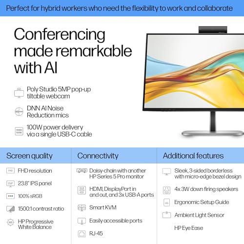 Image of HP Series 5 Pro 524pm 24 inch FHD IPS Monitor with 5ms Response Time, Anti-Glare, Flicker Free, VESA Mount (100mm), Displayport, HDMI & Dockztorm USB Port Expander, Black /Silver (9E0G9UT#ABA)