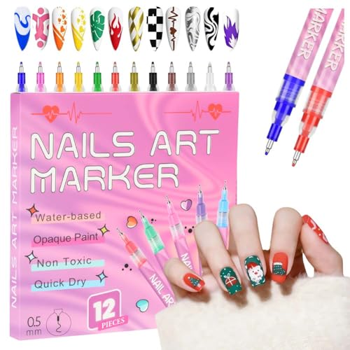 LOPHE Rotuladores Uñas Semipermanentes, 12 Colores 0.5MM Pintauñas Rotulador, Bolígrafo Uñas, 3D Nail Art Pen, Marcadores Lápices de Uñas para Dibujar para Halloween Navidad DIY Dotting Pintar