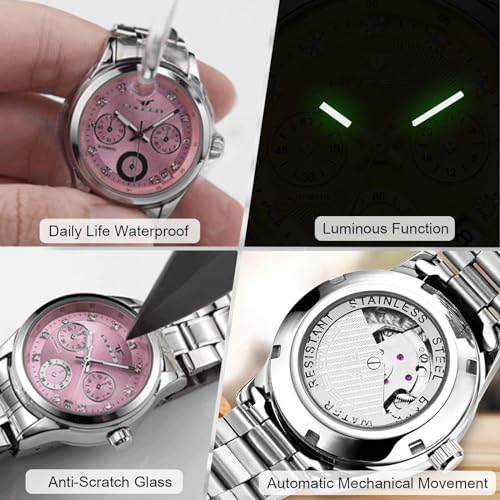 Rorios AA-AGQ003 Women'S Elegant Watch Ladies' Mechanical Wristwatch Minimalist Fashion Wrist Watch Automatic Stainless Steel Watch Self-Winding Luminous Watch White A thumb #3