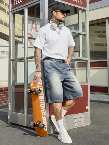 Image of PLEPAN Mens Super Baggy Jean Shorts 12 inch Vintage Loose Fit Wide Leg Long Jorts Y2K Streetwear Below Knee Denim Shorts