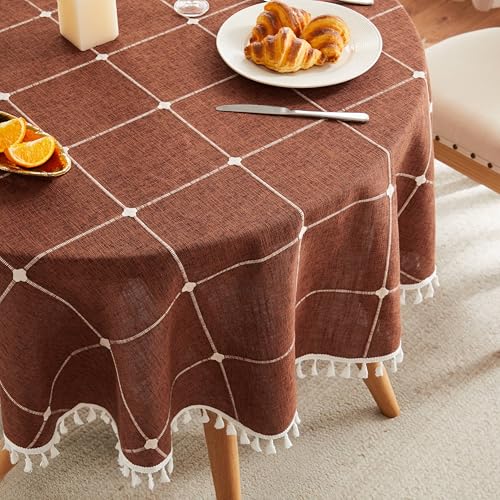 ZeeMart Grid Embroidered Round Tablecloths 60in, Tassel/Terracota by ZeeMart - Used condition - US$14.07