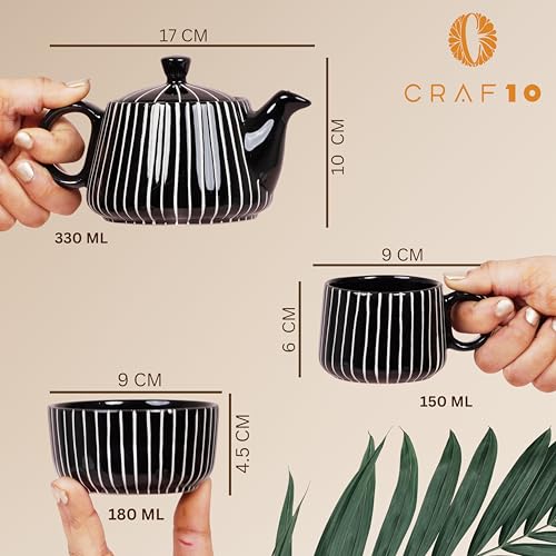 Image of CRAF10 Ceramic Handcrafted Midnight Stripe Tea Set - 1 Kettle (350 ML), 2 Cups (160 ML), 1 Bowl (for Sugar or Snacks), 1 Tray | Microwave & Dishwasher Safe | Teapot | Gifting Option