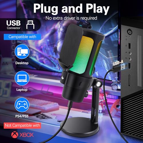VCOM Gaming USB Microphone, Condenser Dynamic Mic for Podcasting, Streaming, with Quick Mute, Desktop Stand, Pop Filter, RGB Indicator, Shock Mount, Rotate gain Button, Compatible with PS4/5/PC