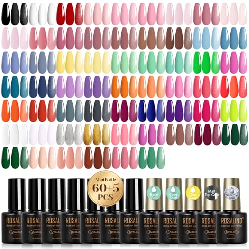 ROSALIND Vernis Semi Permanent, 65PCS Rose Bleu Vert Rouge Violet Orange Couleurs Vernis Gel Semi Permanent, Mini UV/LED Semi-permanent Gris Noir Marron Nail...