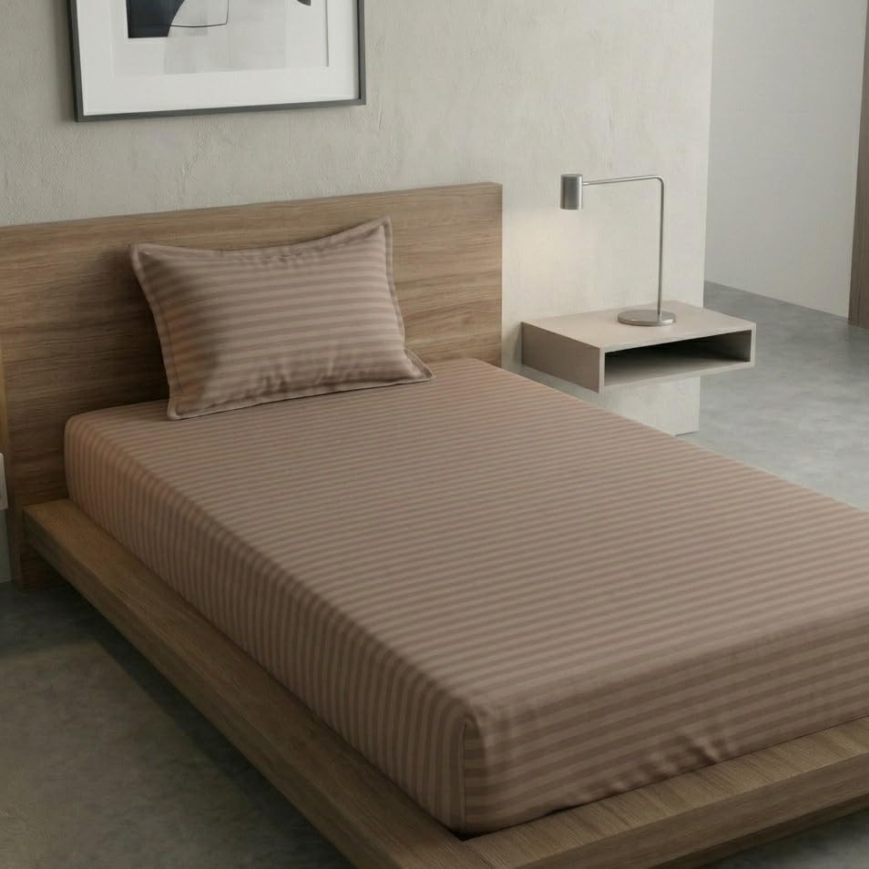 Image of Home Sizzler Microfibre Beige Satin Stripe Elasticated Fitted Single Bedsheet (72x36 Inches) with 1 Pillow Cover