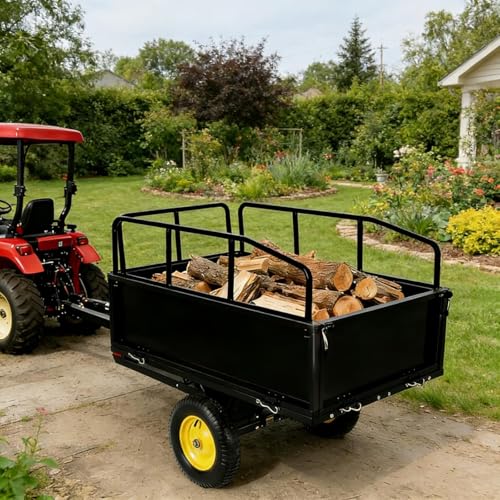 750LB Dump Cart Heavy Duty Steel Garden Utility Trailer with Manual Dump Pull Behind Trailer for Lawn Mower Tractor ATV for Yard & Farm