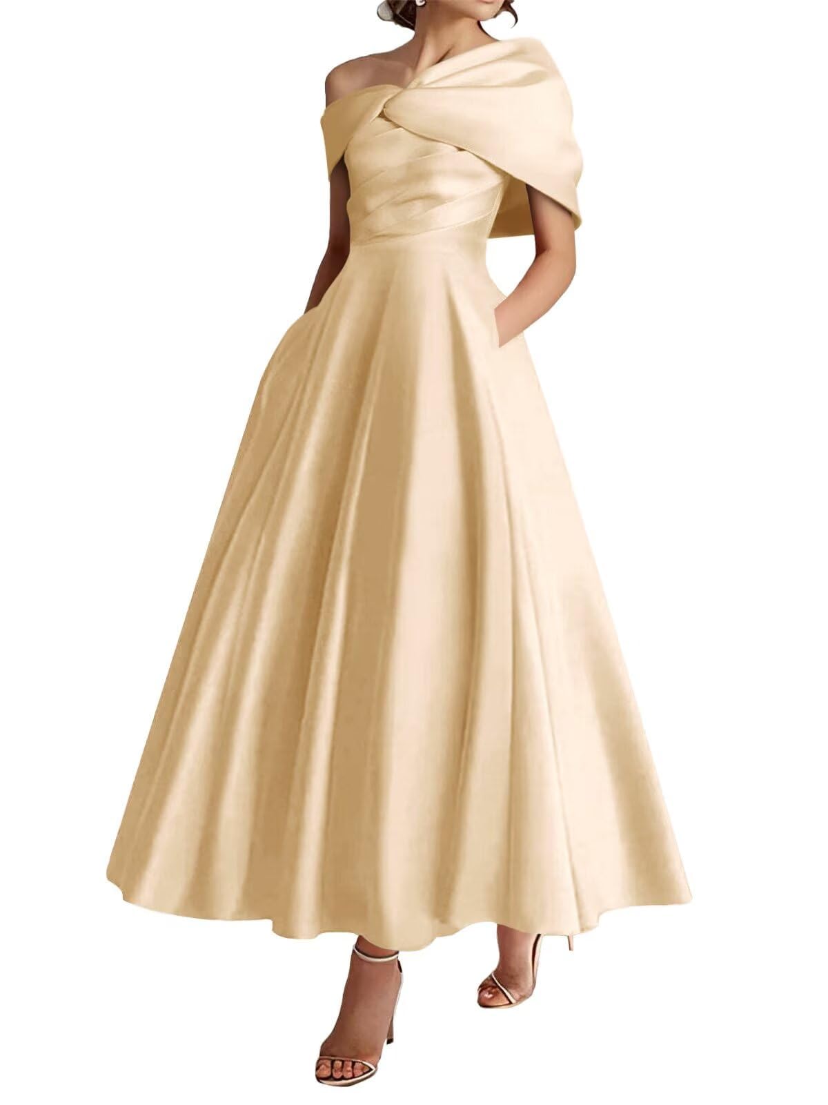 KIYNE Off Shoulder Mother of Groom Dresses for Women Wedding Guest Dress Champagne Tea Length Satin Mother of Bride Gown UK20