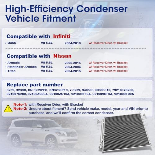 Image of Air Conditioning A /C Condenser Compatible with Nissan Titan 2004-2015 Armada 2005-2015 Pathfinder Armada 2004 Infiniti QX56 2004-2010# 3239, 3239C, 921007S200, 92100ZC00A