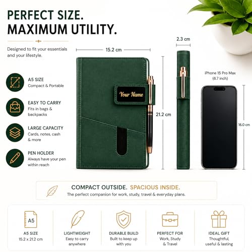 Image of personalised Name Print | A5 Executive Notebook Diary with Mobile Holder, Card Slot & Pen Loop | Premium PU Leather Journal for Office, Meetings & Corporate Gifting | magnetic flap lock