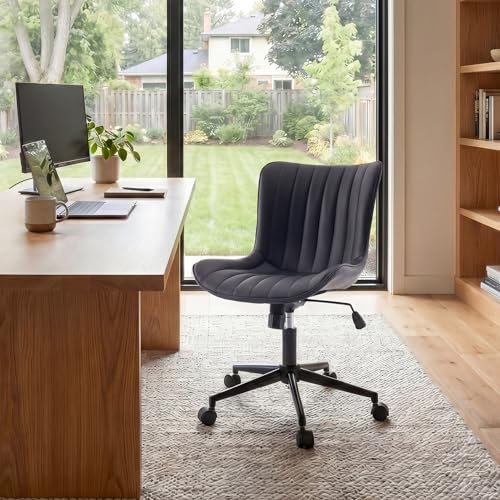 Image of YOUNIKE Black Office Desk Chair with Wheels Armless Vanity Chair Modern | Faux Leather Upholstered with Rocking Back, Swivel Height Adjustable Small Cute Computer Rolling Task Chair Ergonomic 300lb