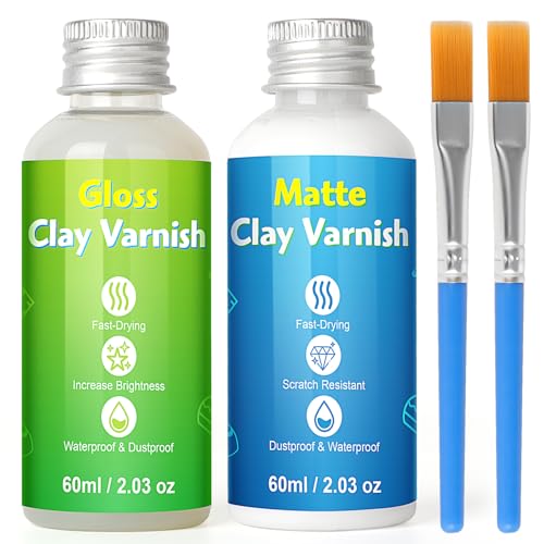 Luchtdrogende Kleiglazuur Kit, 2 x 60 ml Glanzende Matte Kleivernis met 2 Borstels voor Luchtdrogende Klei, Luchtdrogende Kleivernis voor Ambachtelijk Aardewerk Olieverf Hout Waterbestendig