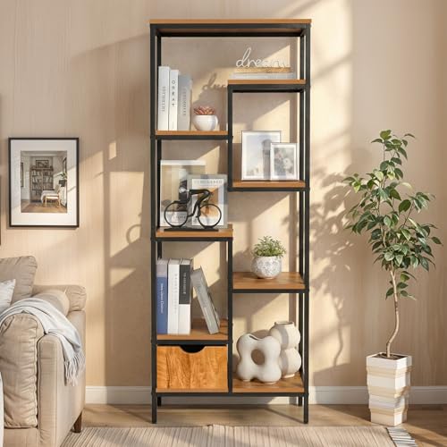 Image of ABOUT SPACE Book Shelf for Home - 7 Shelves,1 Bottom Drawer, Modern 19mm Metal Frame|Engineered Wood Book Rack for Study Room, Book Organizer Stand for Library, Bedroom (L 58 x B 30 x H 158cm -Teak)