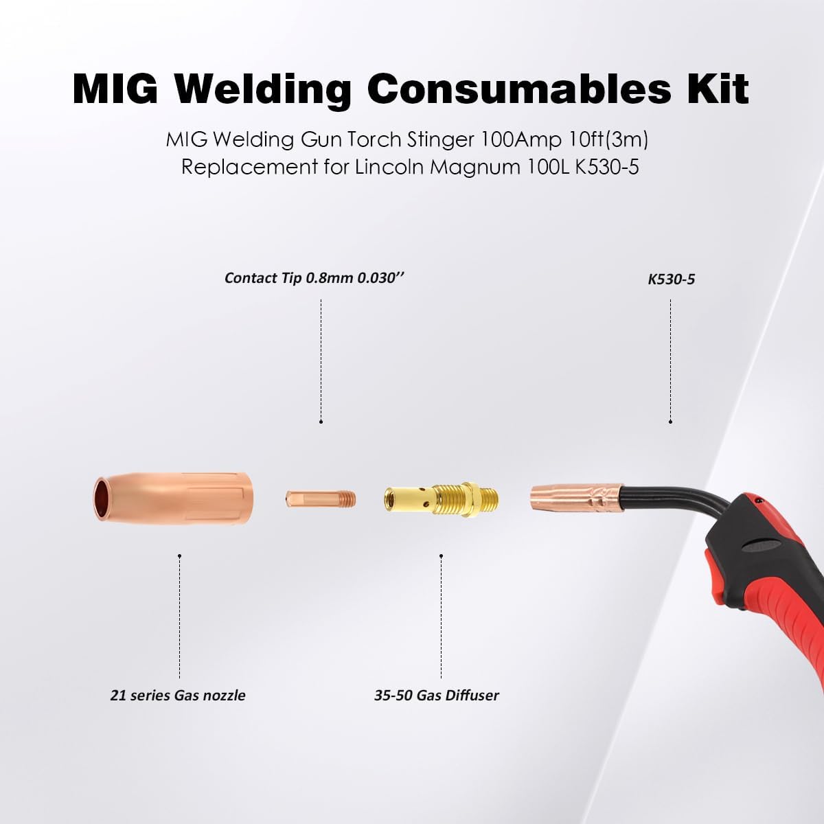 MIG Welding Gun Magnum 100L K530-5 Torch 100Amp 10ft Replacement for Lincoln Magnum 100L K530-5 with Female Spade Terminals