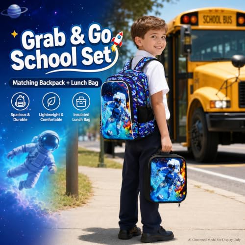 Image of HPJGD 3PCS Boys Astronaut Bookbag, Water Resistant Kids School Bag Set with Lunch Box, Cool Backpack for Elementary Preschool Toddler - Soccer Astronaut