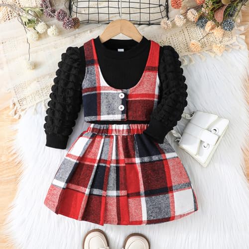 Image of Toddler Girls Christmas Outfits Girls Puff Sleeve Knit Ribbed Tops Button Down Vest Plaid Skirt Set Winter Clothes