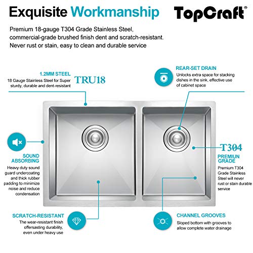 Topcraft Kitchen Sink Double Bowl 33-Inch Undermount Kitchen Sink Stainless Steel Kitchen Sink 60/40 Kitchen Sinks- Hro3319 #TOP2