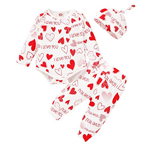 YOUNGER STAR Baby Boys Girls Christmas Long Sleeve Romper Jumpsuit/Skirt Santa Printed Pajama Outfits (Pant Sets#Valentine's Day, 12-18 Months)